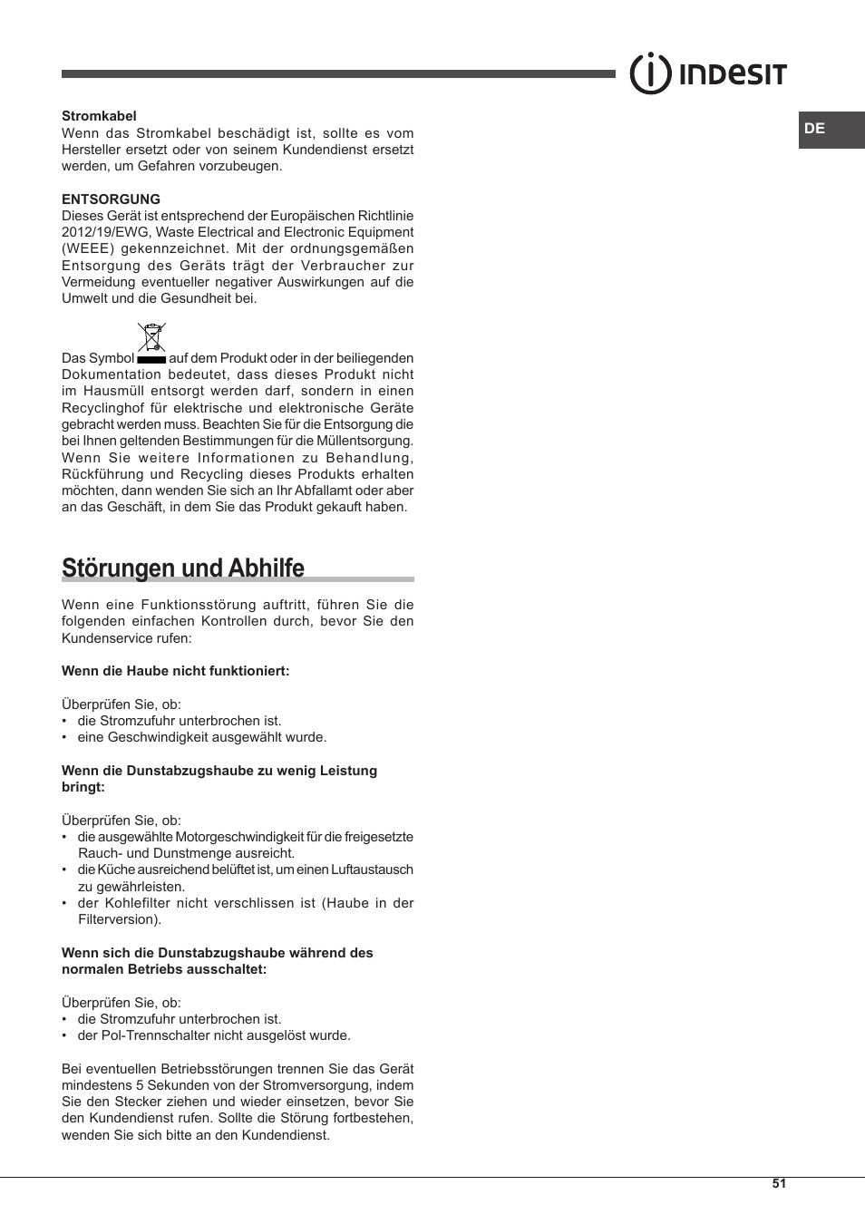Störungen und abhilfe | Indesit IHP-7.5-C-M-IX User Manual | Page 51 / 80