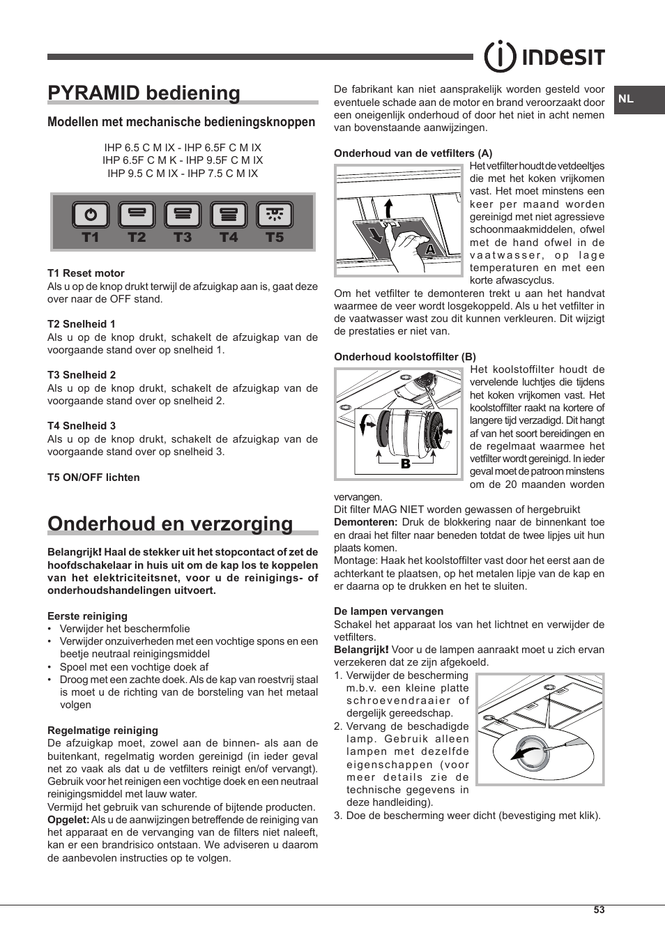 Pyramid bediening, Onderhoud en verzorging, Modellen met mechanische bedieningsknoppen | Indesit IHP-7.5-C-M-IX User Manual | Page 53 / 80