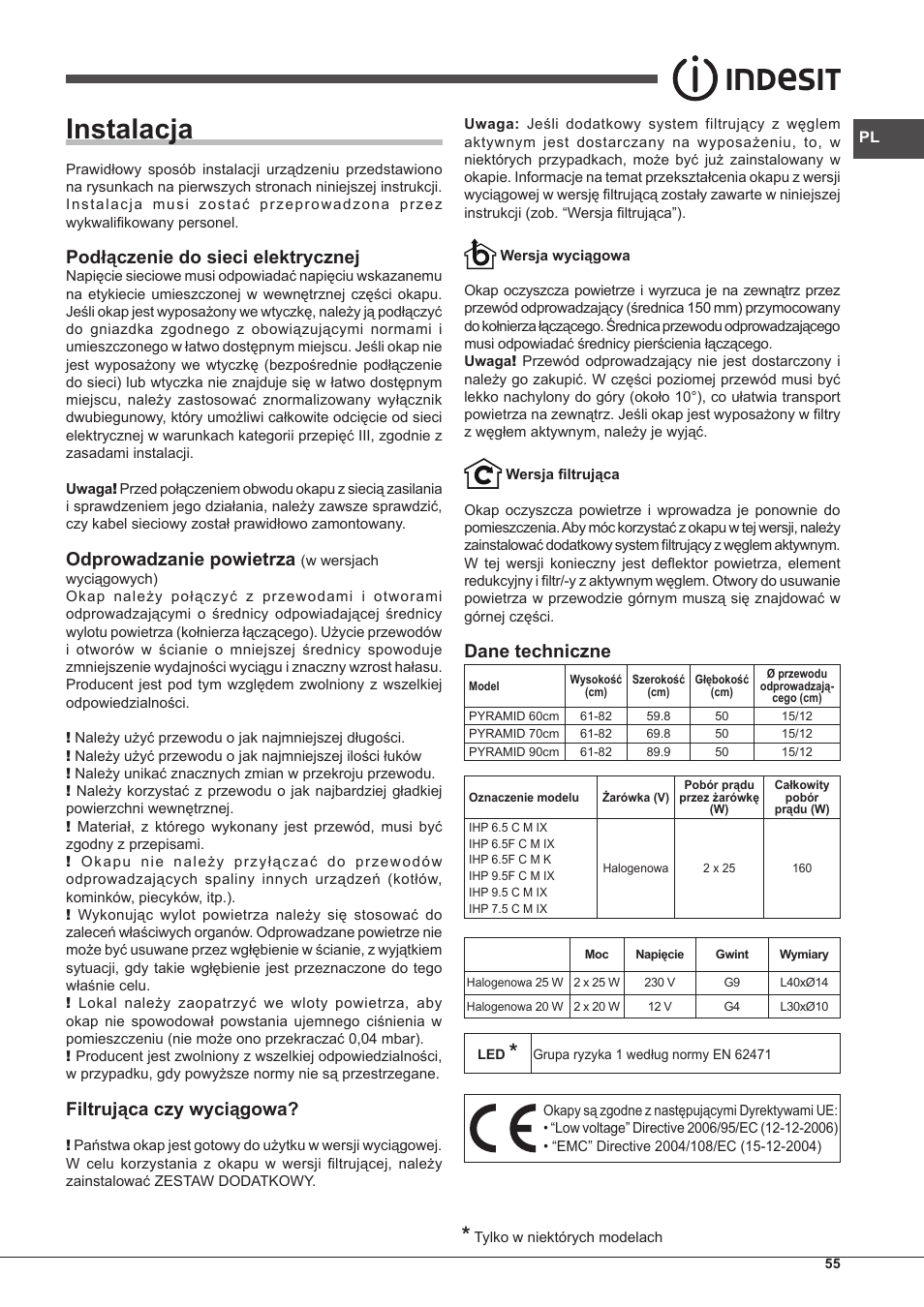 Instalacja, Podłączenie do sieci elektrycznej, Odprowadzanie powietrza | Filtrująca czy wyciągowa, Dane techniczne | Indesit IHP-7.5-C-M-IX User Manual | Page 55 / 80