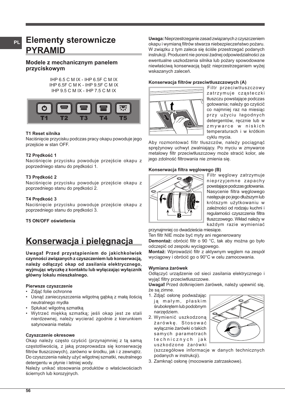 Elementy sterownicze pyramid, Konserwacja i pielęgnacja | Indesit IHP-7.5-C-M-IX User Manual | Page 56 / 80