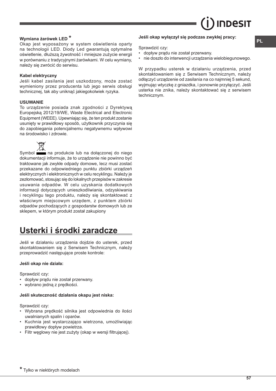 Usterki i środki zaradcze | Indesit IHP-7.5-C-M-IX User Manual | Page 57 / 80