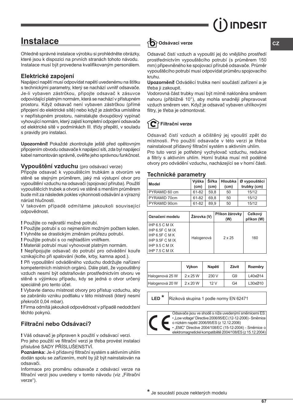 Instalace, Elektrické zapojení, Vypouštění vzduchu | Filtrační nebo odsávací, Technické parametry | Indesit IHP-7.5-C-M-IX User Manual | Page 67 / 80