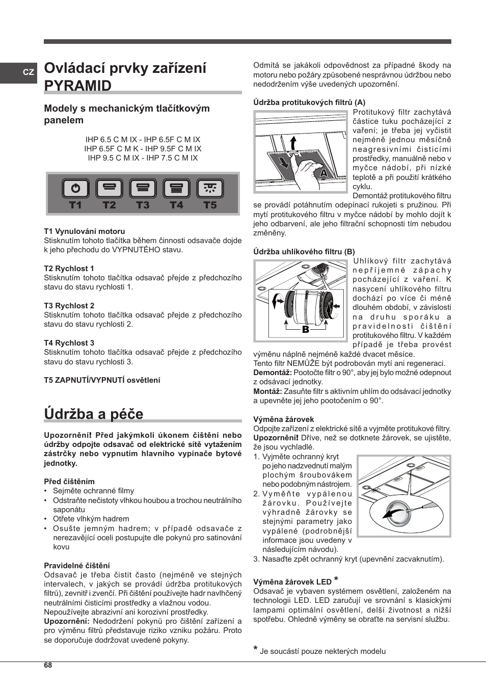 Ovládací prvky zařízení pyramid, Údržba a péče | Indesit IHP-7.5-C-M-IX User Manual | Page 68 / 80
