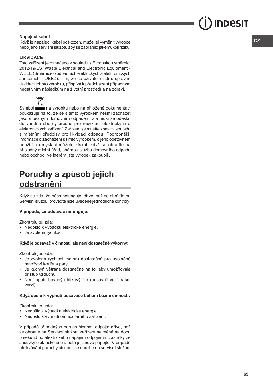 Poruchy a způsob jejich odstranění | Indesit IHP-7.5-C-M-IX User Manual | Page 69 / 80