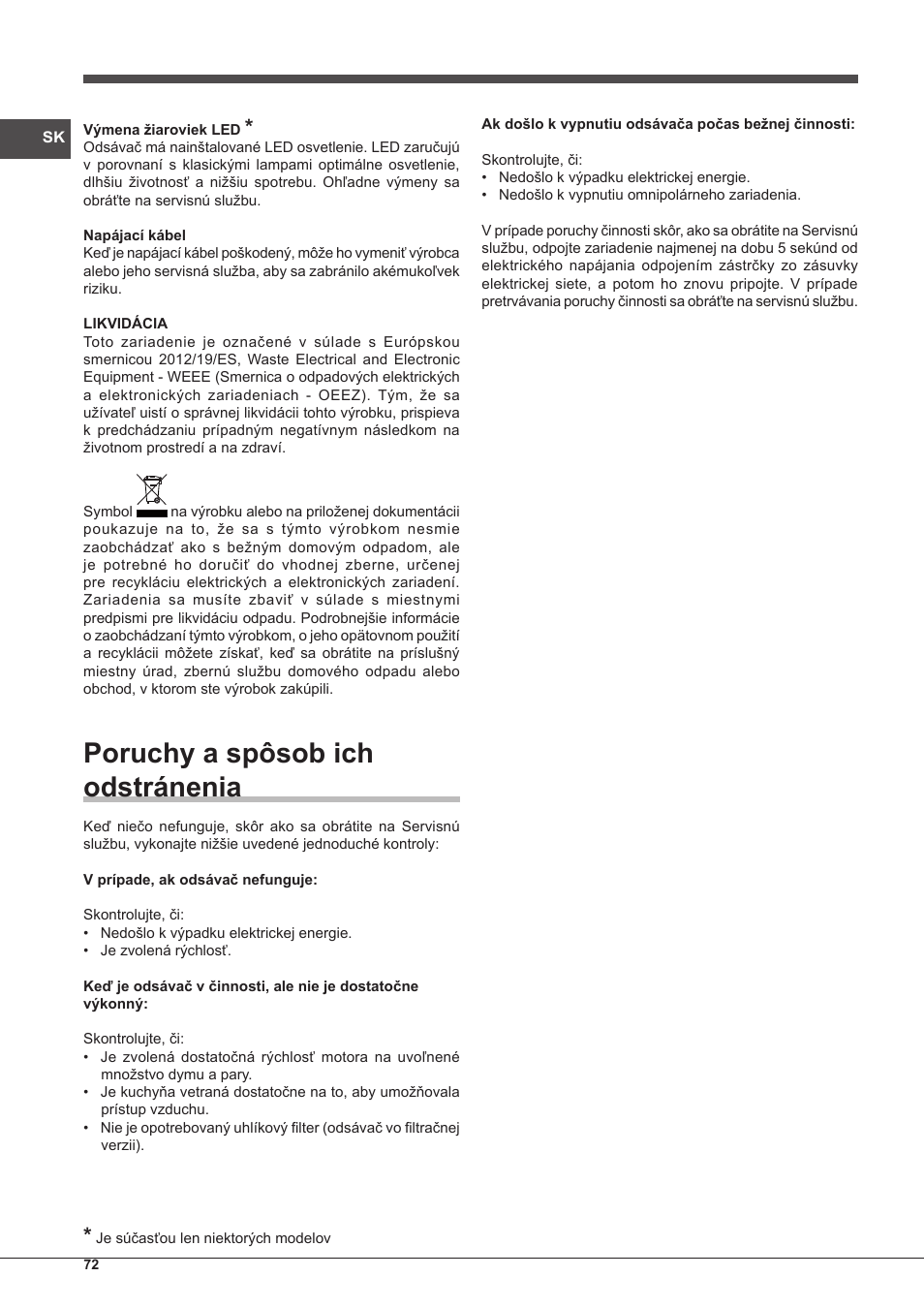 Poruchy a spôsob ich odstránenia | Indesit IHP-7.5-C-M-IX User Manual | Page 72 / 80