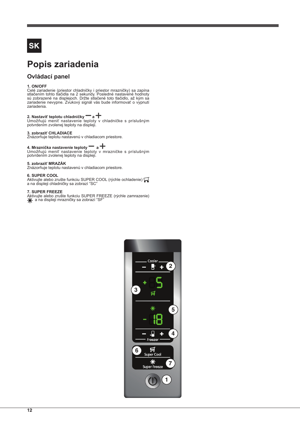 Popis zariadenia, Ovládací panel | Indesit BIAAA-34-F-SI-H-Y User Manual | Page 12 / 64