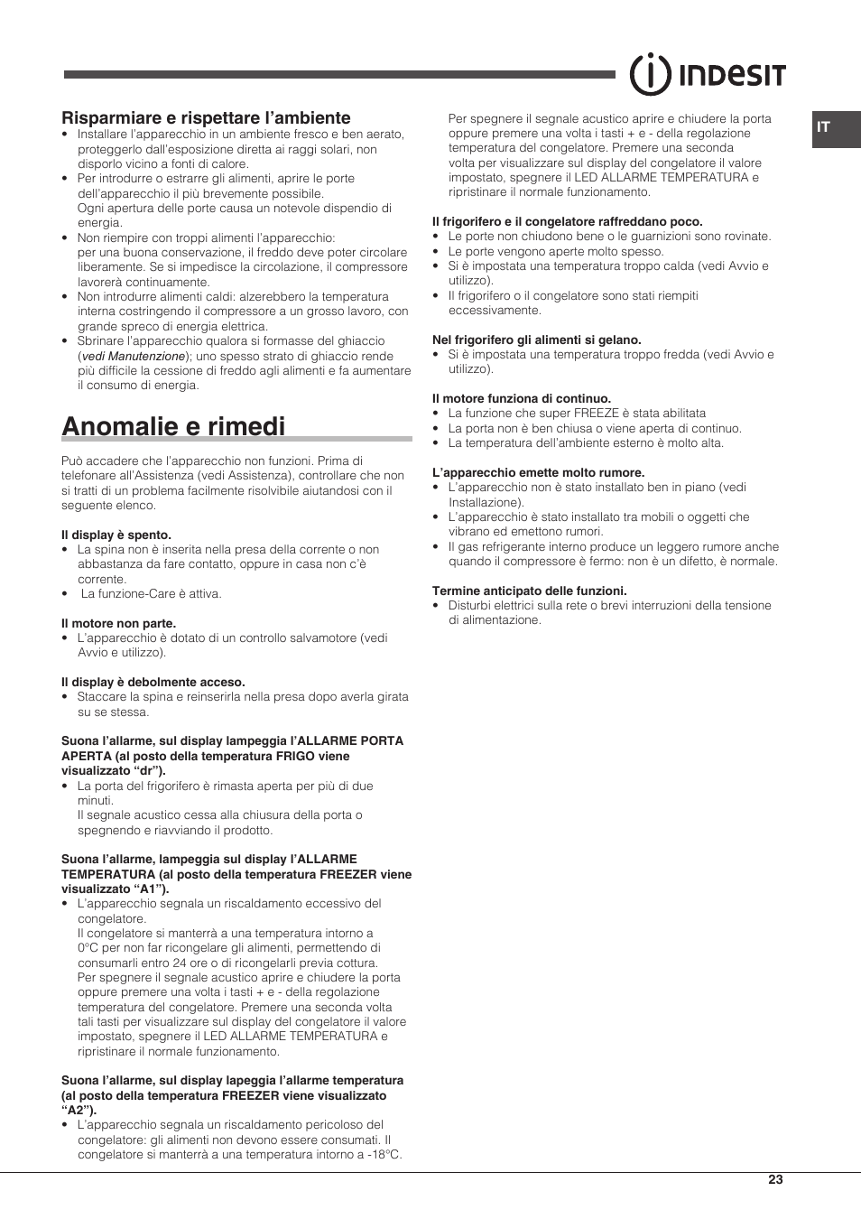 Anomalie e rimedi, Risparmiare e rispettare l’ambiente | Indesit BIAAA-34-F-SI-H-Y User Manual | Page 23 / 64