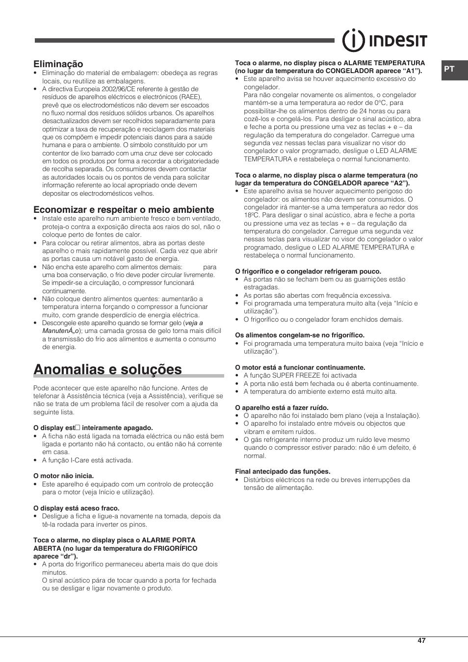 Anomalias e soluções, Eliminação, Economizar e respeitar o meio ambiente | Indesit BIAAA-34-F-SI-H-Y User Manual | Page 47 / 64