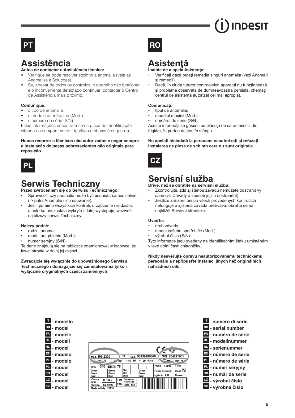 Assistência, Serwis techniczny, Asistenţă | Servisní služba | Indesit BIAAA-34-F-SI-H-Y User Manual | Page 5 / 64