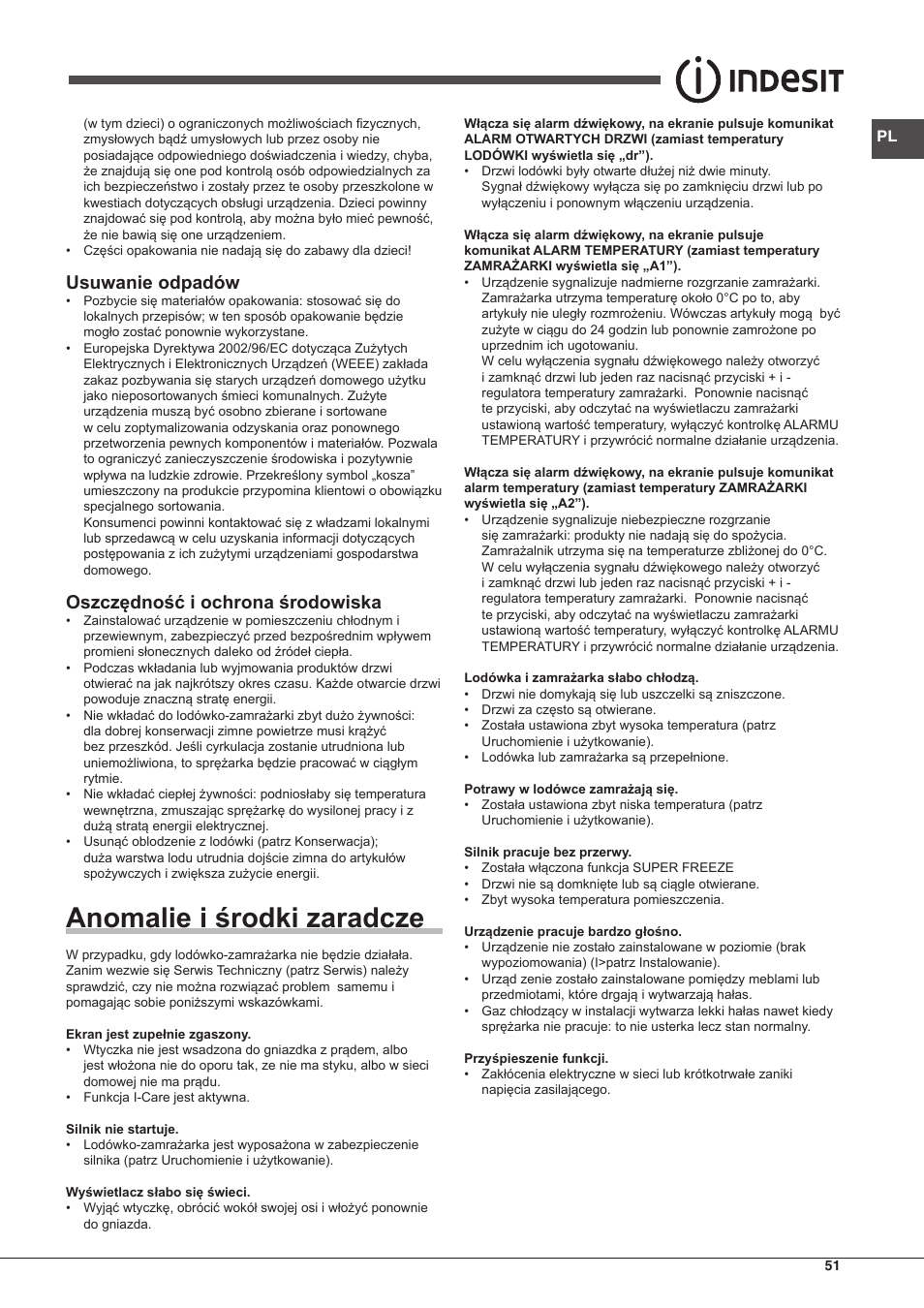 Anomalie i środki zaradcze, Usuwanie odpadów, Oszczędność i ochrona środowiska | Indesit BIAAA-34-F-SI-H-Y User Manual | Page 51 / 64