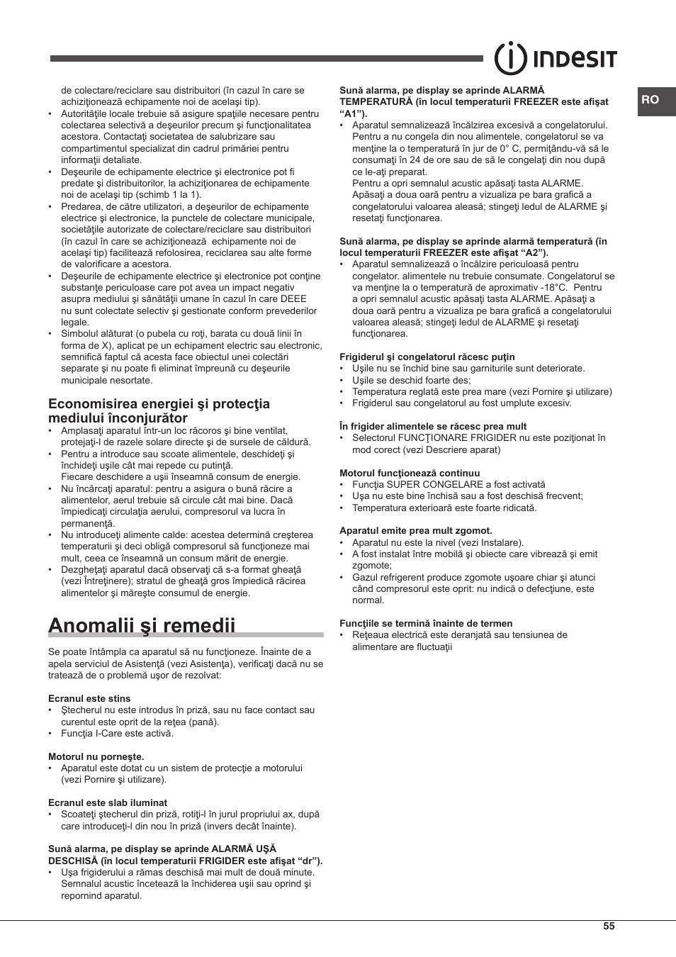 Anomalii şi remedii | Indesit BIAAA-34-F-SI-H-Y User Manual | Page 55 / 64
