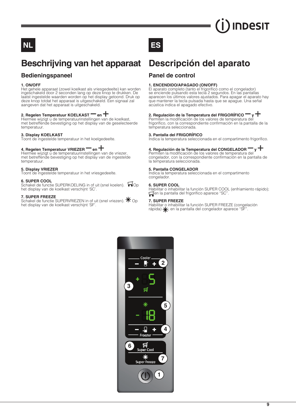 Beschrijving van het apparaat, Descripción del aparato, Bedieningspaneel | Panel de control | Indesit BIAAA-34-F-SI-H-Y User Manual | Page 9 / 64