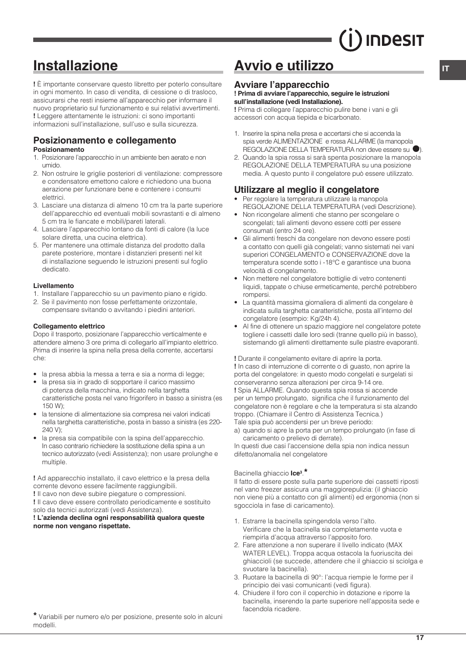 Installazione, Avvio e utilizzo, Posizionamento e collegamento | Avviare l’apparecchio, Utilizzare al meglio il congelatore | Indesit UIAA-12.1 User Manual | Page 17 / 60