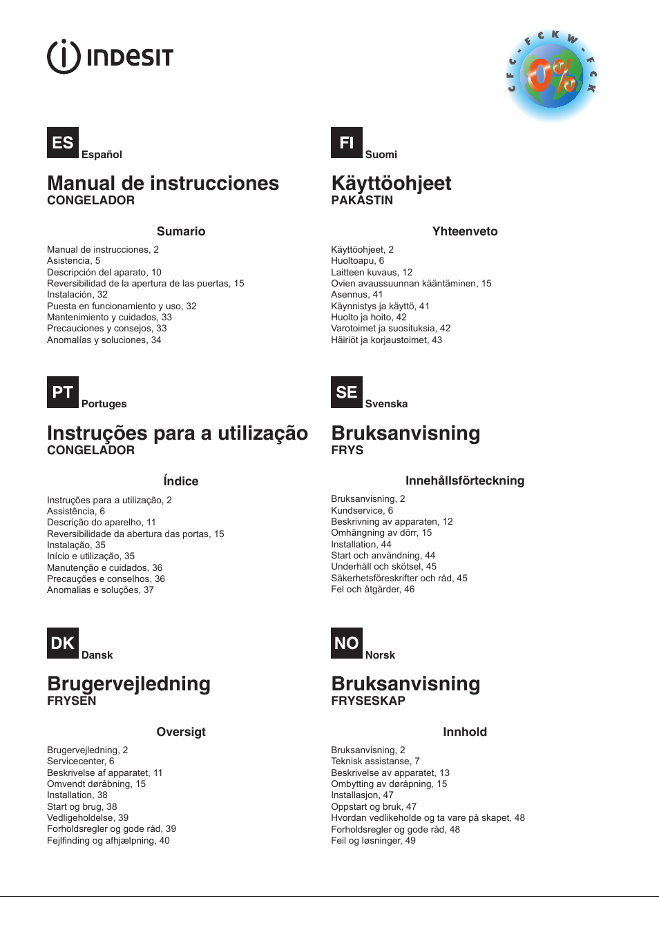 Manual de instrucciones, Instruções para a utilização, Brugervejledning | Käyttöohjeet, Bruksanvisning | Indesit UIAA-12.1 User Manual | Page 2 / 60