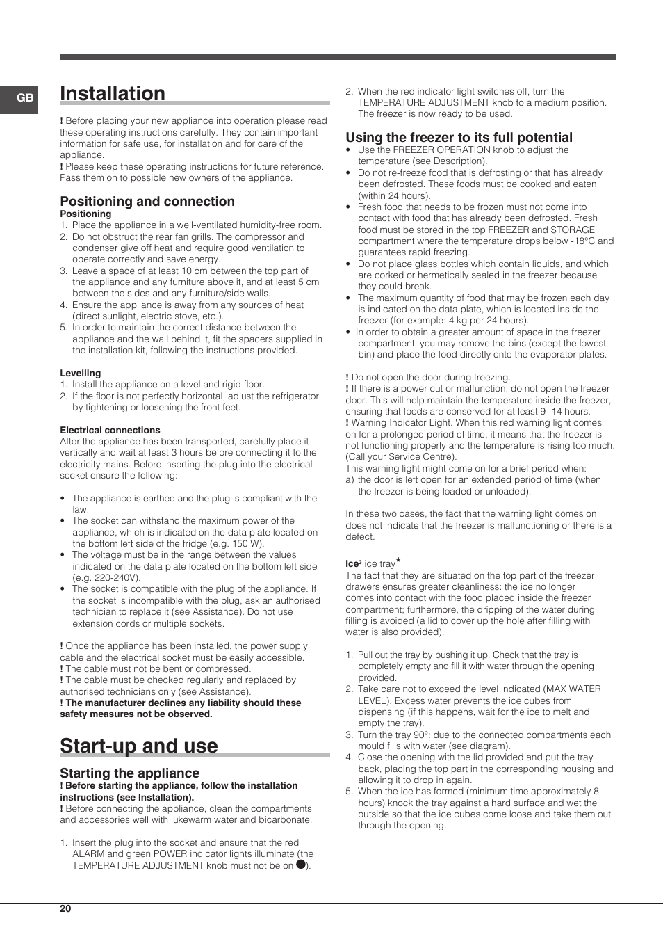 Installation, Start-up and use, Positioning and connection | Starting the appliance, Using the freezer to its full potential | Indesit UIAA-12.1 User Manual | Page 20 / 60