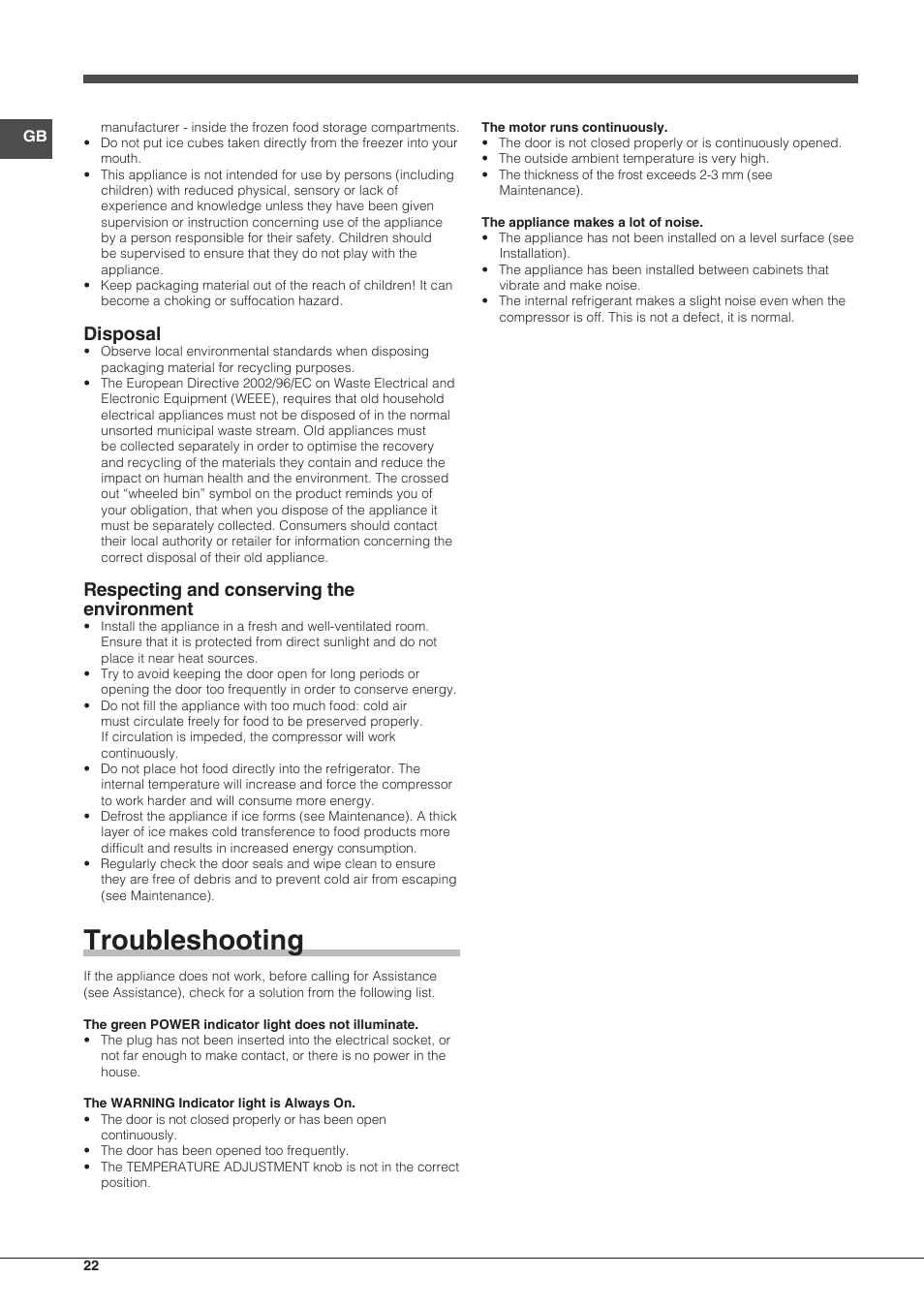 Troubleshooting, Disposal, Respecting and conserving the environment | Indesit UIAA-12.1 User Manual | Page 22 / 60