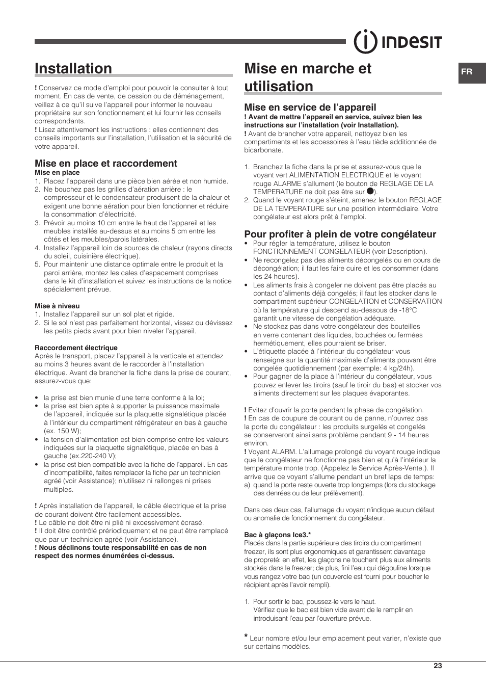 Installation, Mise en marche et utilisation, Mise en place et raccordement | Mise en service de l’appareil, Pour profiter à plein de votre congélateur | Indesit UIAA-12.1 User Manual | Page 23 / 60