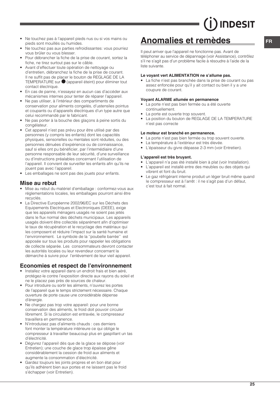 Anomalies et remèdes, Mise au rebut, Economies et respect de l’environnement | Indesit UIAA-12.1 User Manual | Page 25 / 60