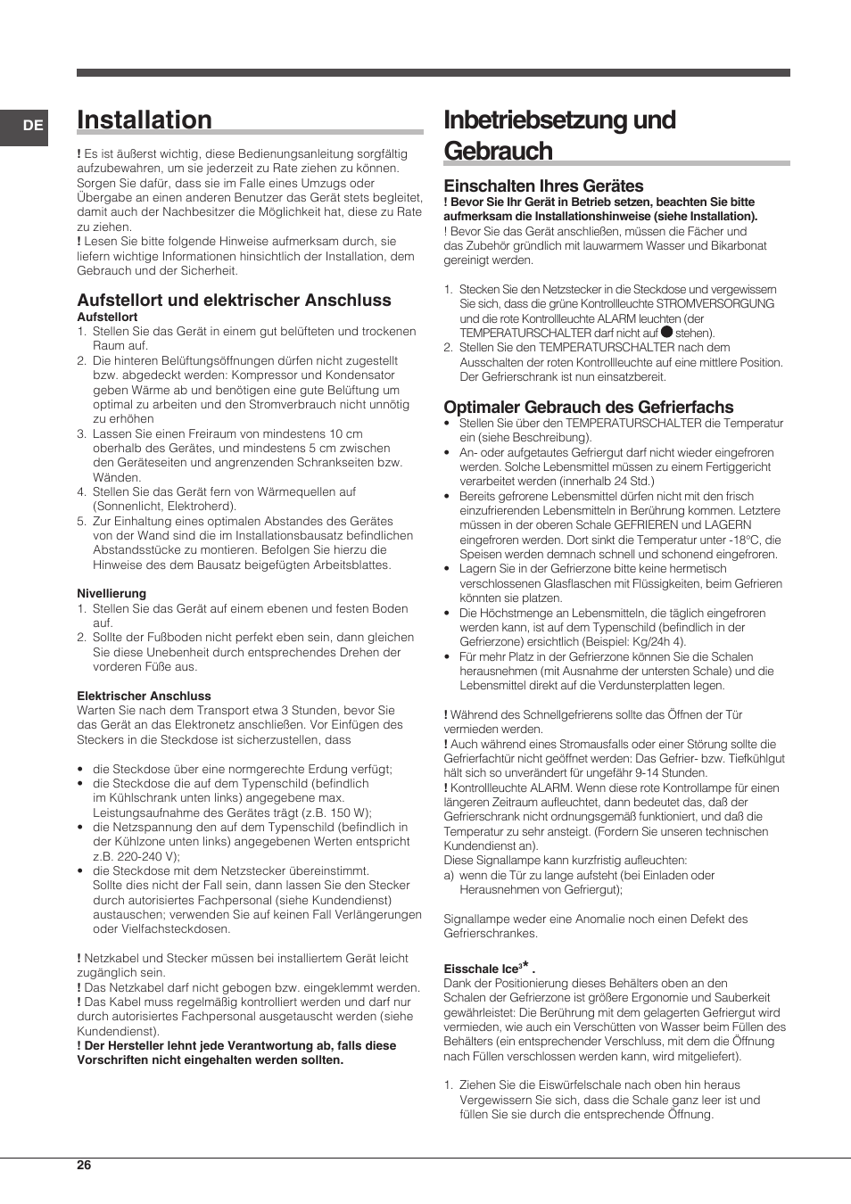 Installation, Inbetriebsetzung und gebrauch, Aufstellort und elektrischer anschluss | Einschalten ihres gerätes, Optimaler gebrauch des gefrierfachs | Indesit UIAA-12.1 User Manual | Page 26 / 60