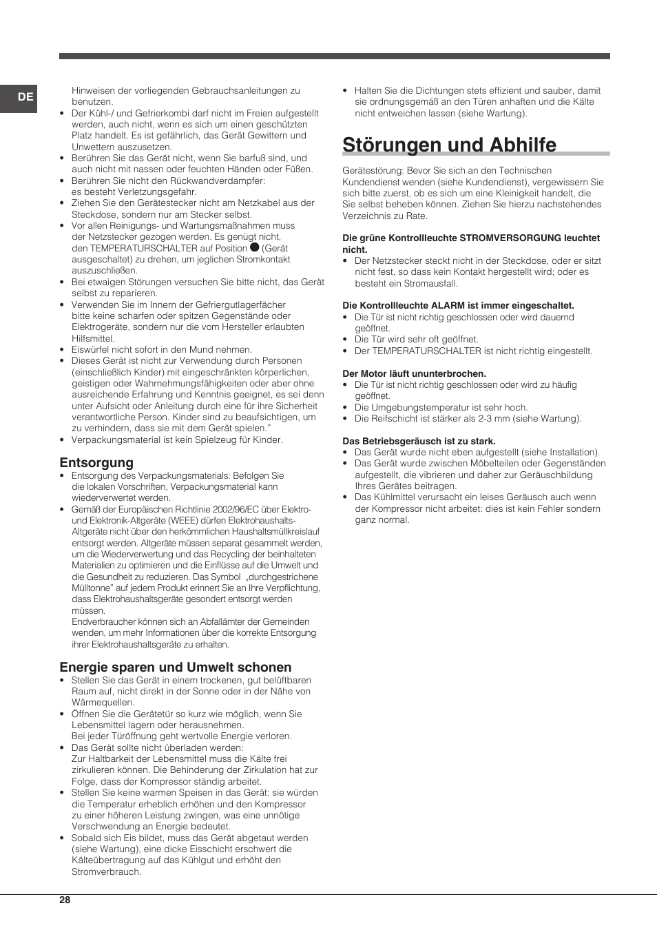 Störungen und abhilfe, Entsorgung, Energie sparen und umwelt schonen | Indesit UIAA-12.1 User Manual | Page 28 / 60