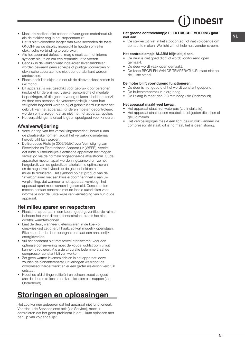 Storingen en oplossingen, Afvalverwijdering, Het milieu sparen en respecteren | Indesit UIAA-12.1 User Manual | Page 31 / 60