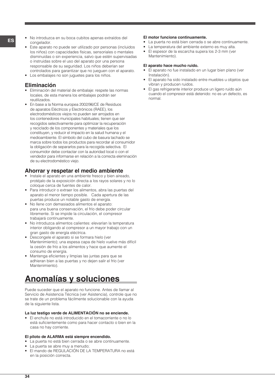 Anomalías y soluciones, Eliminación, Ahorrar y respetar el medio ambiente | Indesit UIAA-12.1 User Manual | Page 34 / 60