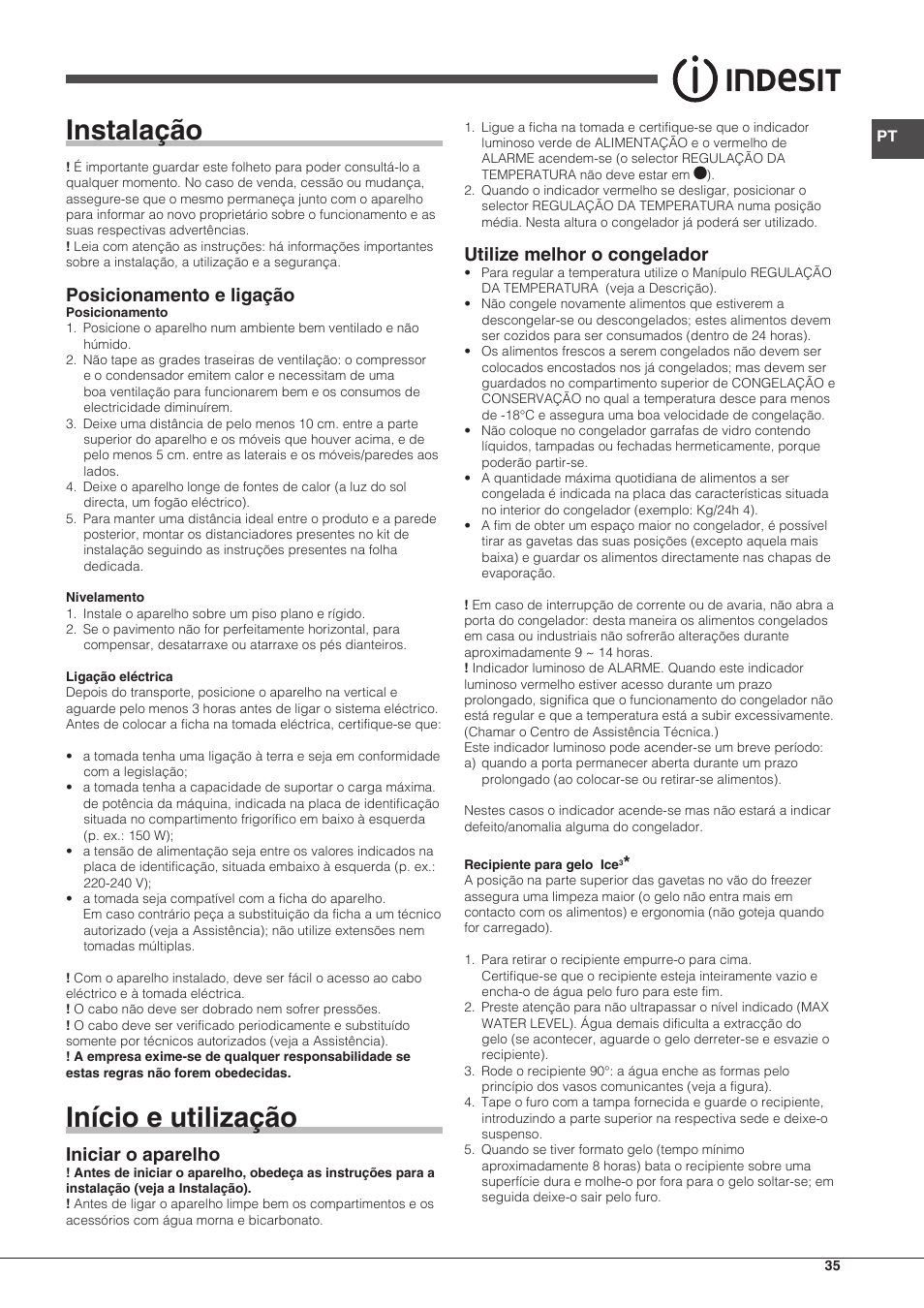 Instalação, Início e utilização, Posicionamento e ligação | Iniciar o aparelho, Utilize melhor o congelador | Indesit UIAA-12.1 User Manual | Page 35 / 60