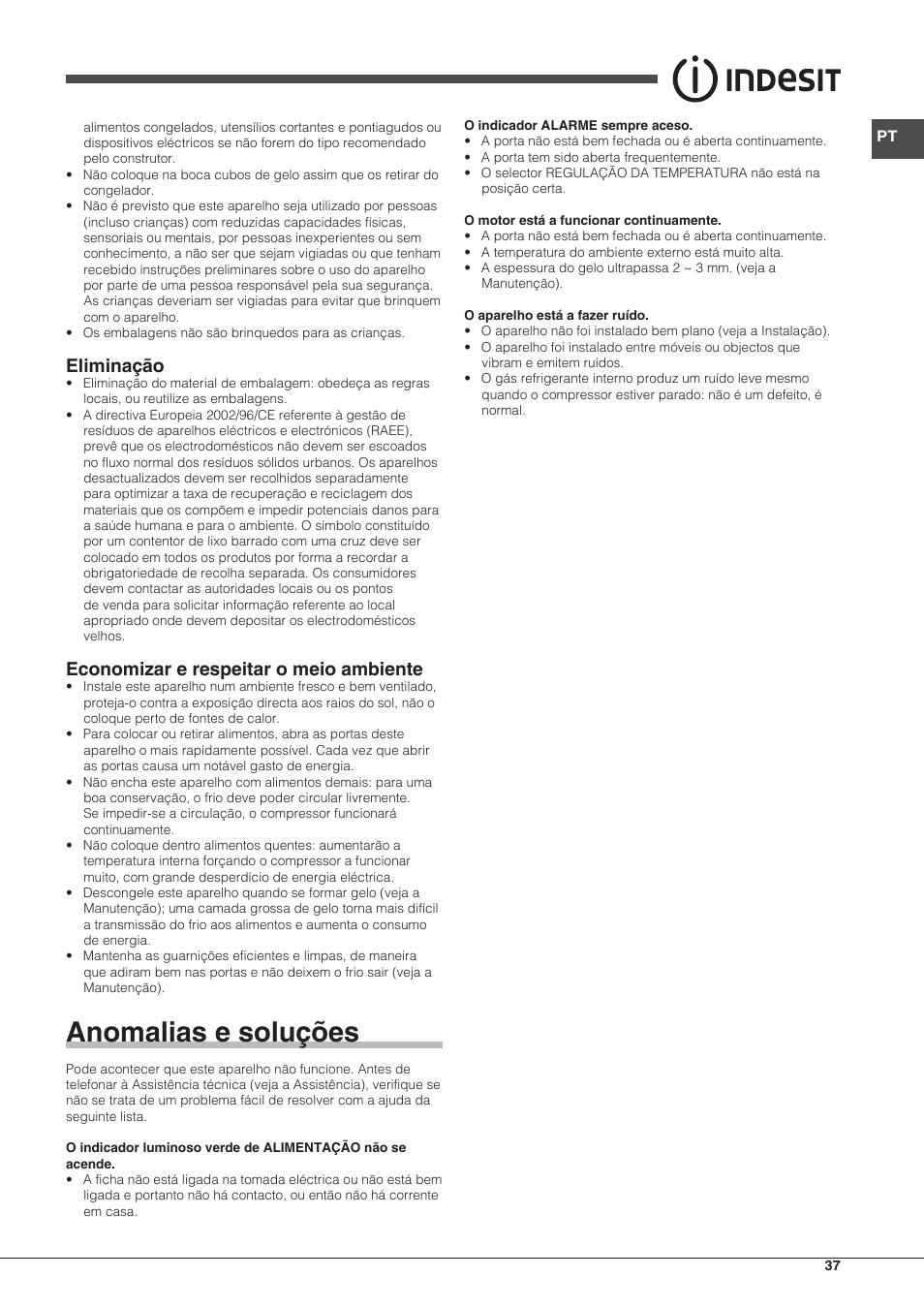 Anomalias e soluções, Eliminação, Economizar e respeitar o meio ambiente | Indesit UIAA-12.1 User Manual | Page 37 / 60