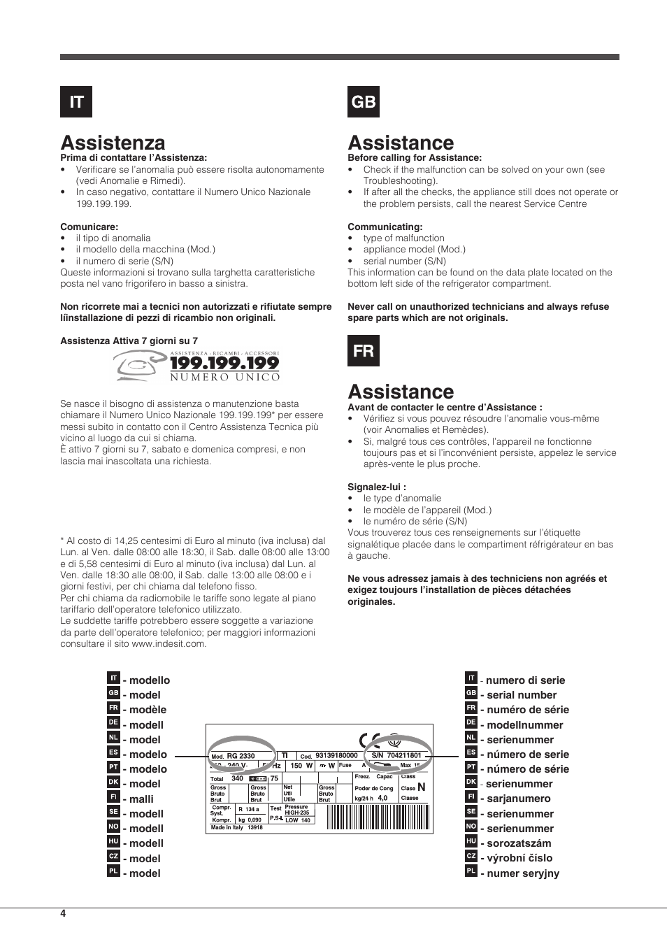 Assistenza, Assistance | Indesit UIAA-12.1 User Manual | Page 4 / 60