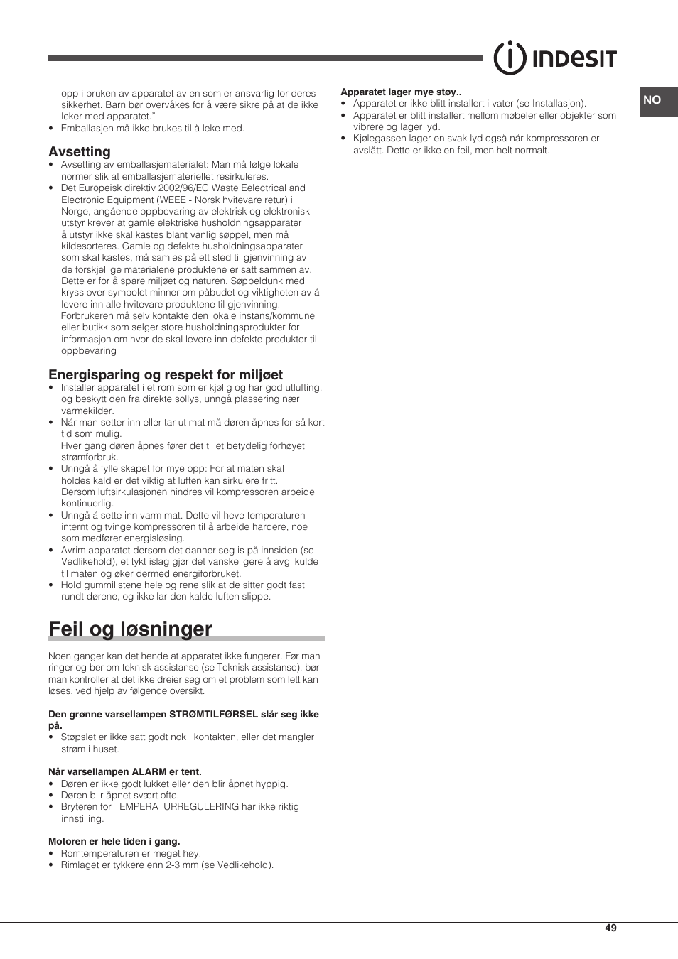 Feil og løsninger, Avsetting, Energisparing og respekt for miljøet | Indesit UIAA-12.1 User Manual | Page 49 / 60