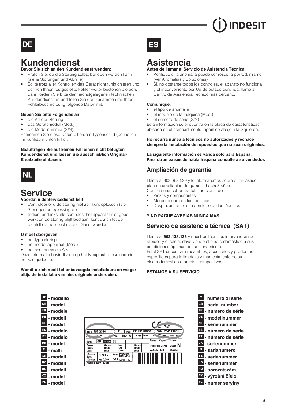 Kundendienst, Service, Asistencia | Ampliación de garantía, Servicio de asistencia técnica (sat) | Indesit UIAA-12.1 User Manual | Page 5 / 60