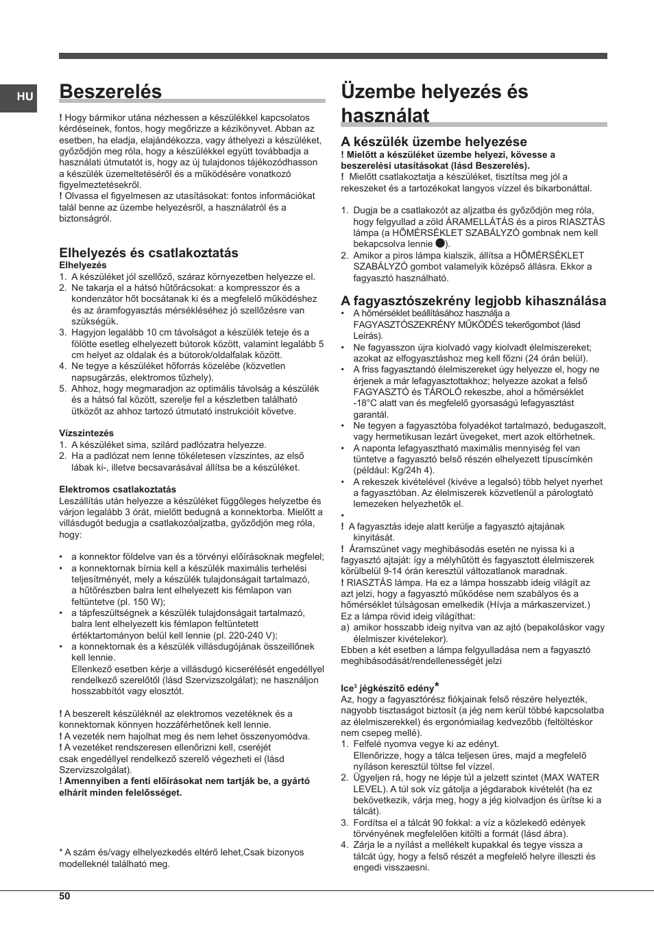 Beszerelés, Üzembe helyezés és használat, Elhelyezés és csatlakoztatás | A készülék üzembe helyezése, A fagyasztószekrény legjobb kihasználása | Indesit UIAA-12.1 User Manual | Page 50 / 60