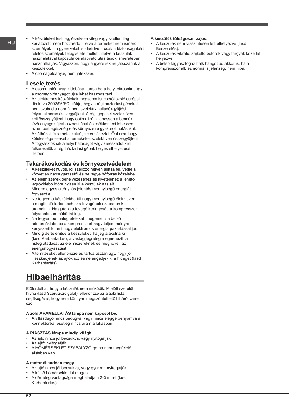 Hibaelhárítás, Leselejtezés, Takarékoskodás és környezetvédelem | Indesit UIAA-12.1 User Manual | Page 52 / 60
