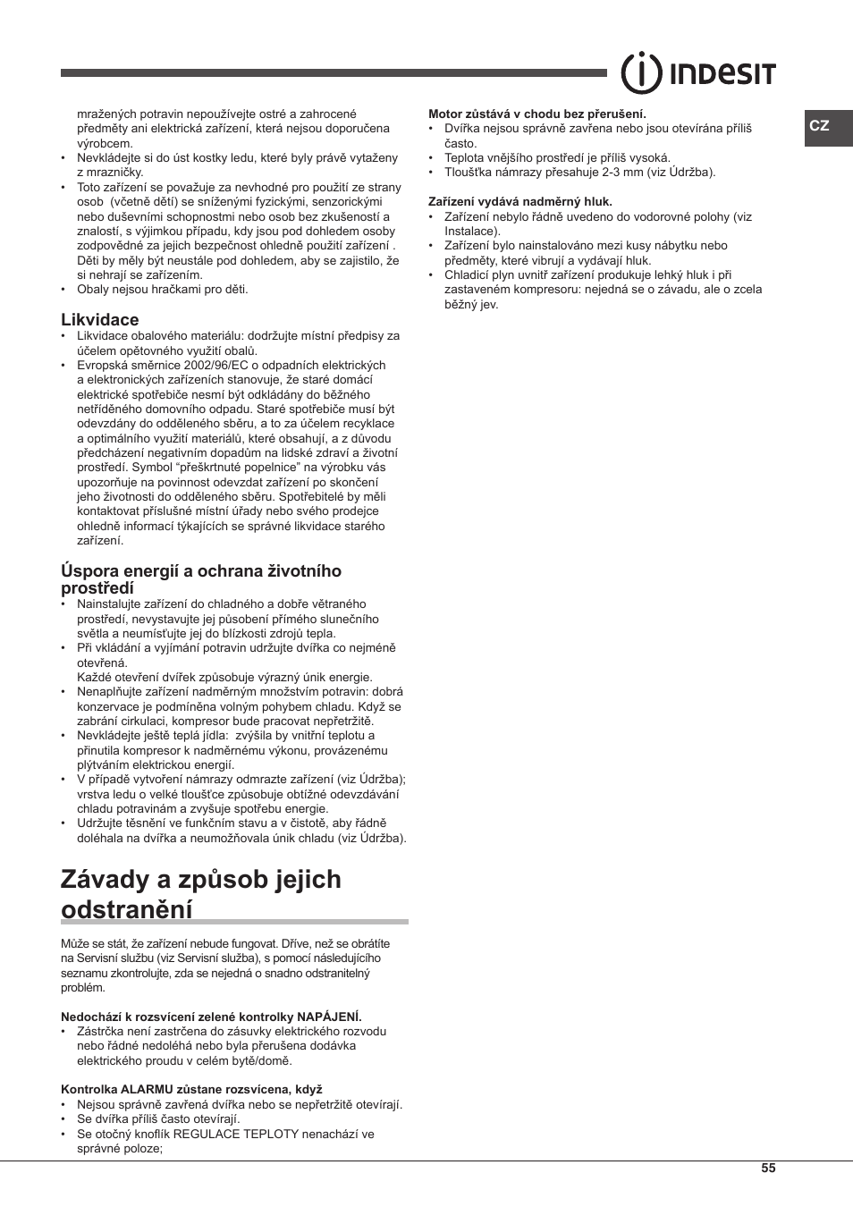 Závady a způsob jejich odstranění, Likvidace, Úspora energií a ochrana životního prostředí | Indesit UIAA-12.1 User Manual | Page 55 / 60