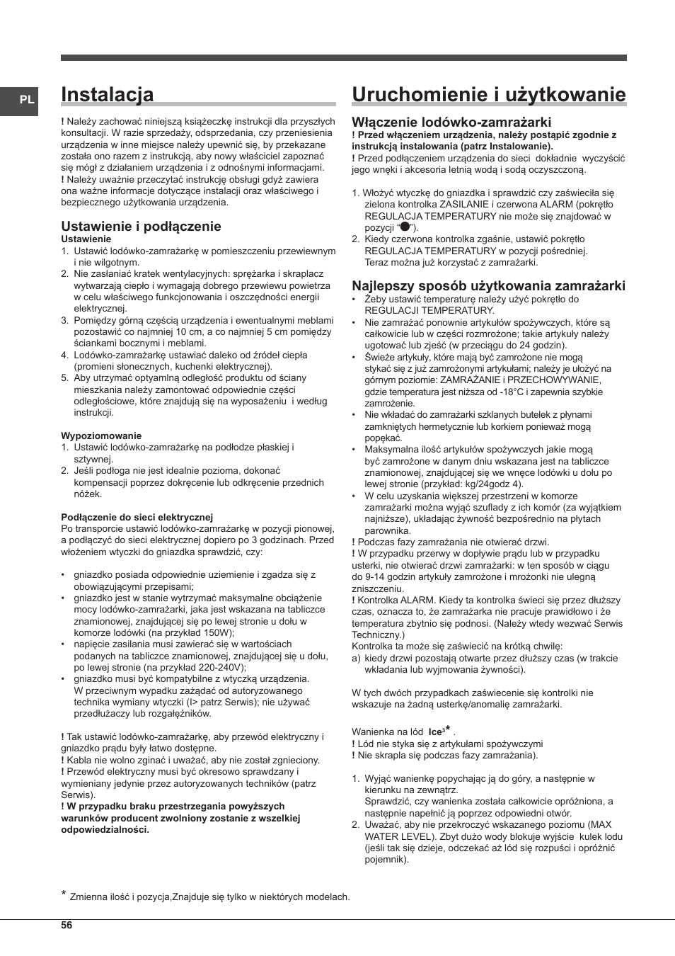 Instalacja, Uruchomienie i użytkowanie, Ustawienie i podłączenie | Włączenie lodówko-zamrażarki, Najlepszy sposób użytkowania zamrażarki | Indesit UIAA-12.1 User Manual | Page 56 / 60