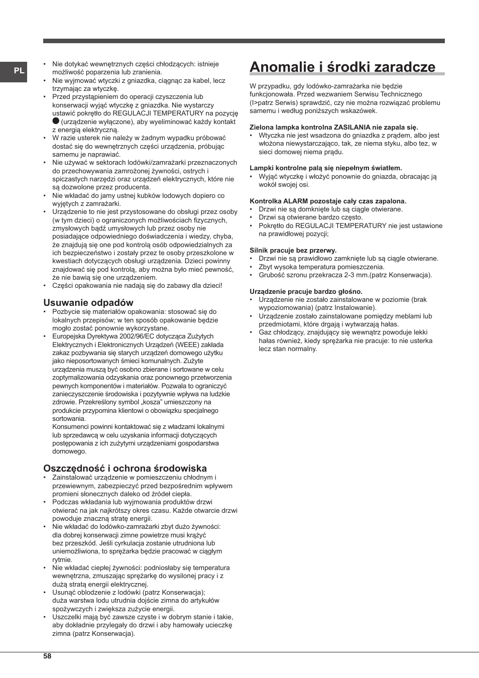 Anomalie i środki zaradcze, Usuwanie odpadów, Oszczędność i ochrona środowiska | Indesit UIAA-12.1 User Manual | Page 58 / 60