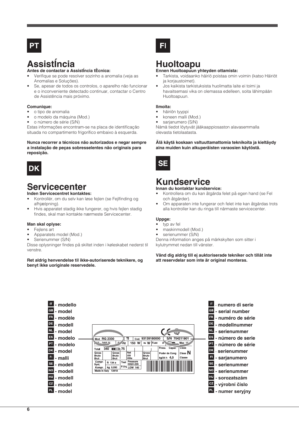 Assistíncia, Servicecenter, Huoltoapu | Kundservice | Indesit UIAA-12.1 User Manual | Page 6 / 60