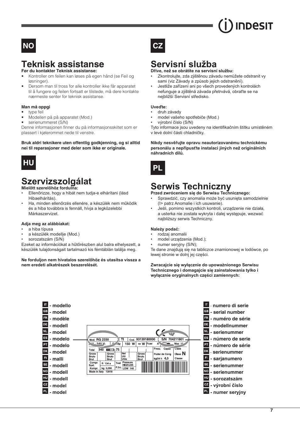 Teknisk assistanse, Szervizszolgálat, Servisní služba | Serwis techniczny | Indesit UIAA-12.1 User Manual | Page 7 / 60