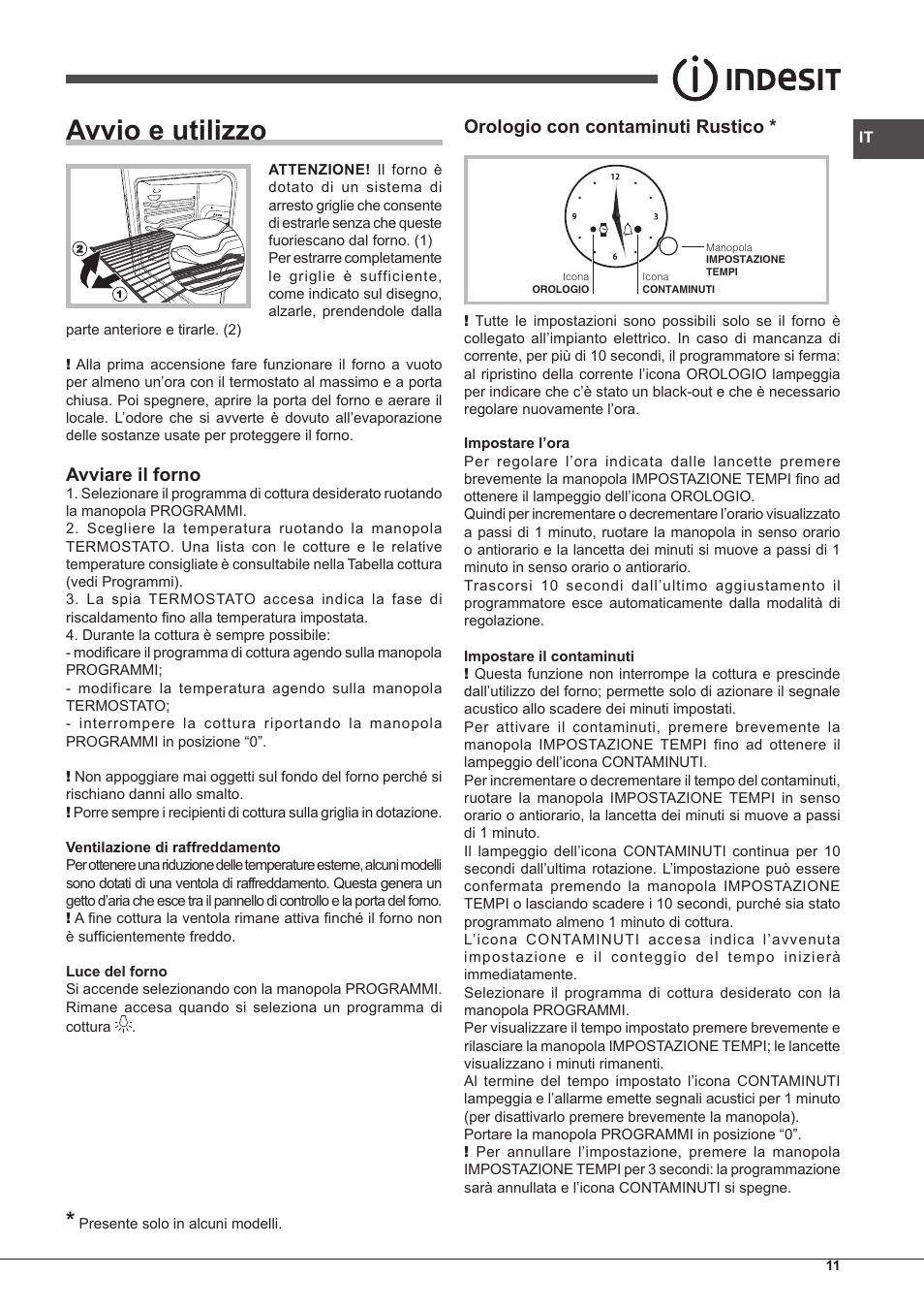 Avvio e utilizzo, Avviare il forno, Orologio con contaminuti rustico | Indesit FMR-54-K.A-(AV) User Manual | Page 11 / 44