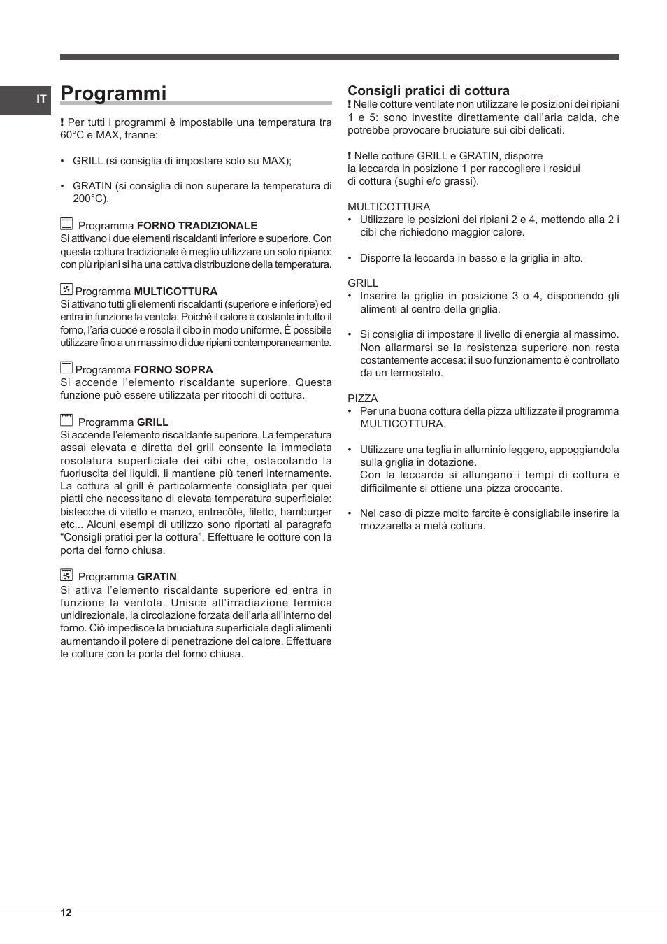 Programmi, Consigli pratici di cottura | Indesit FMR-54-K.A-(AV) User Manual | Page 12 / 44