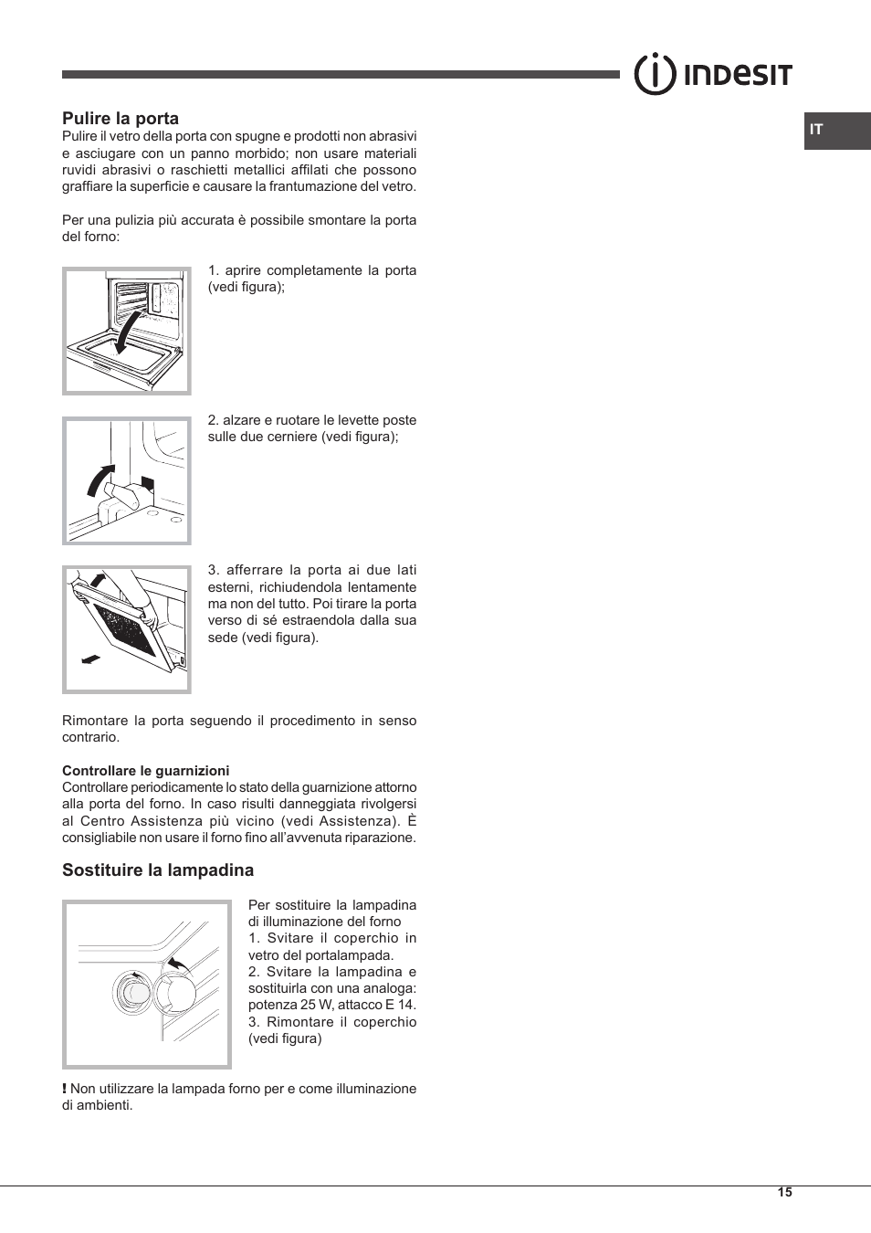 Pulire la porta, Sostituire la lampadina | Indesit FMR-54-K.A-(AV) User Manual | Page 15 / 44