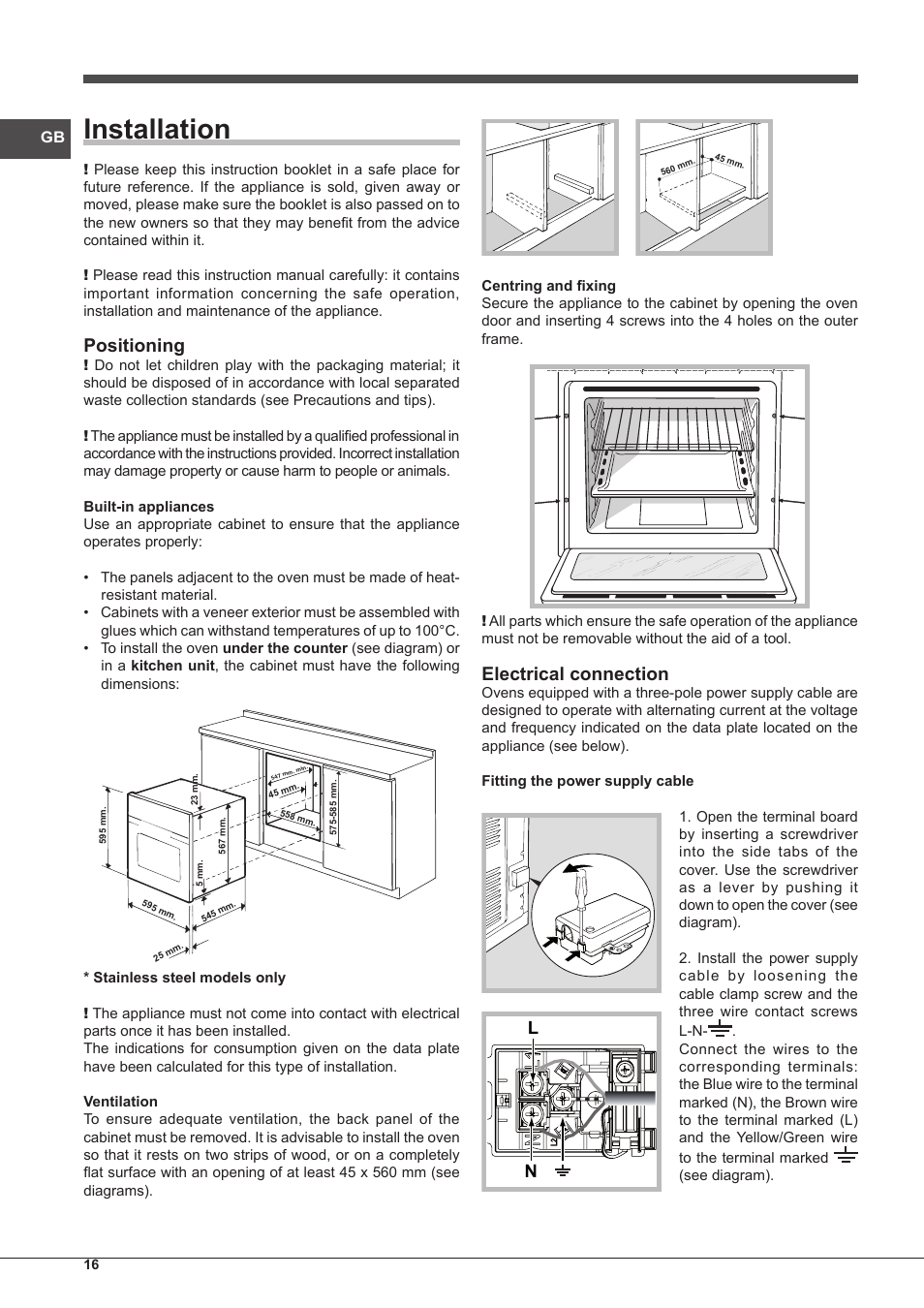 Installation, Positioning, Electrical connection | Indesit FMR-54-K.A-(AV) User Manual | Page 16 / 44
