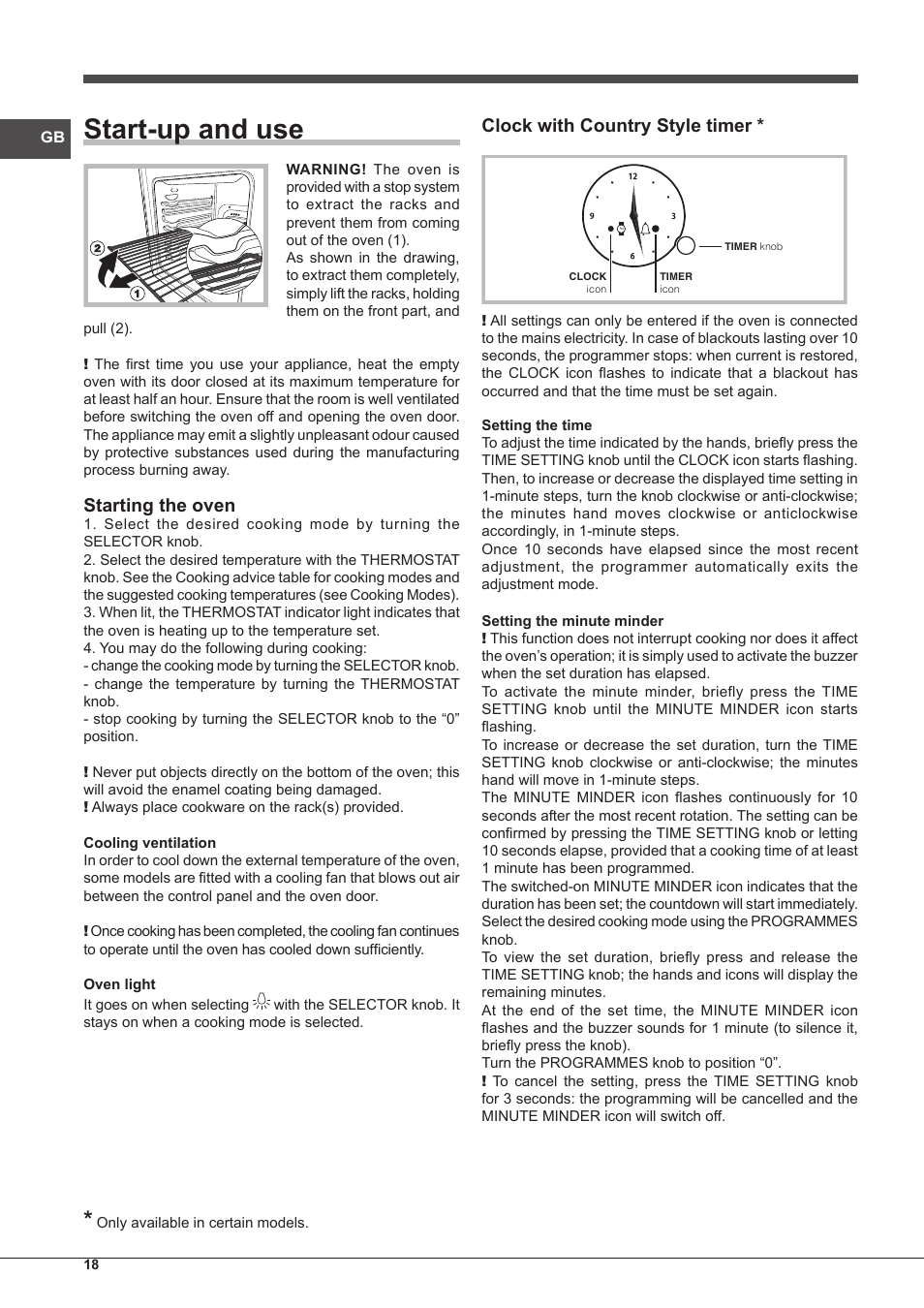 Start-up and use, Starting the oven, Clock with country style timer | Indesit FMR-54-K.A-(AV) User Manual | Page 18 / 44
