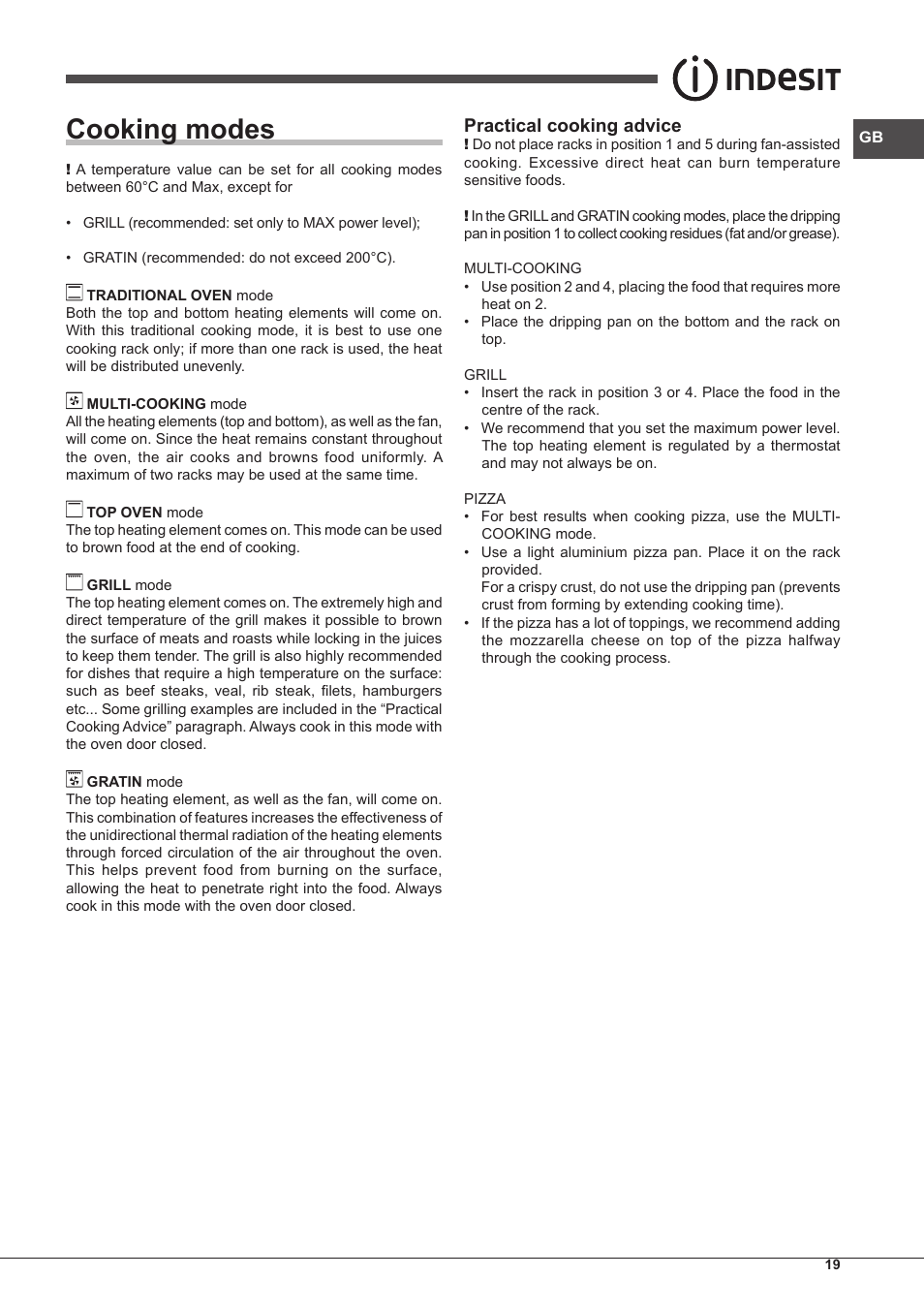 Cooking modes, Practical cooking advice | Indesit FMR-54-K.A-(AV) User Manual | Page 19 / 44