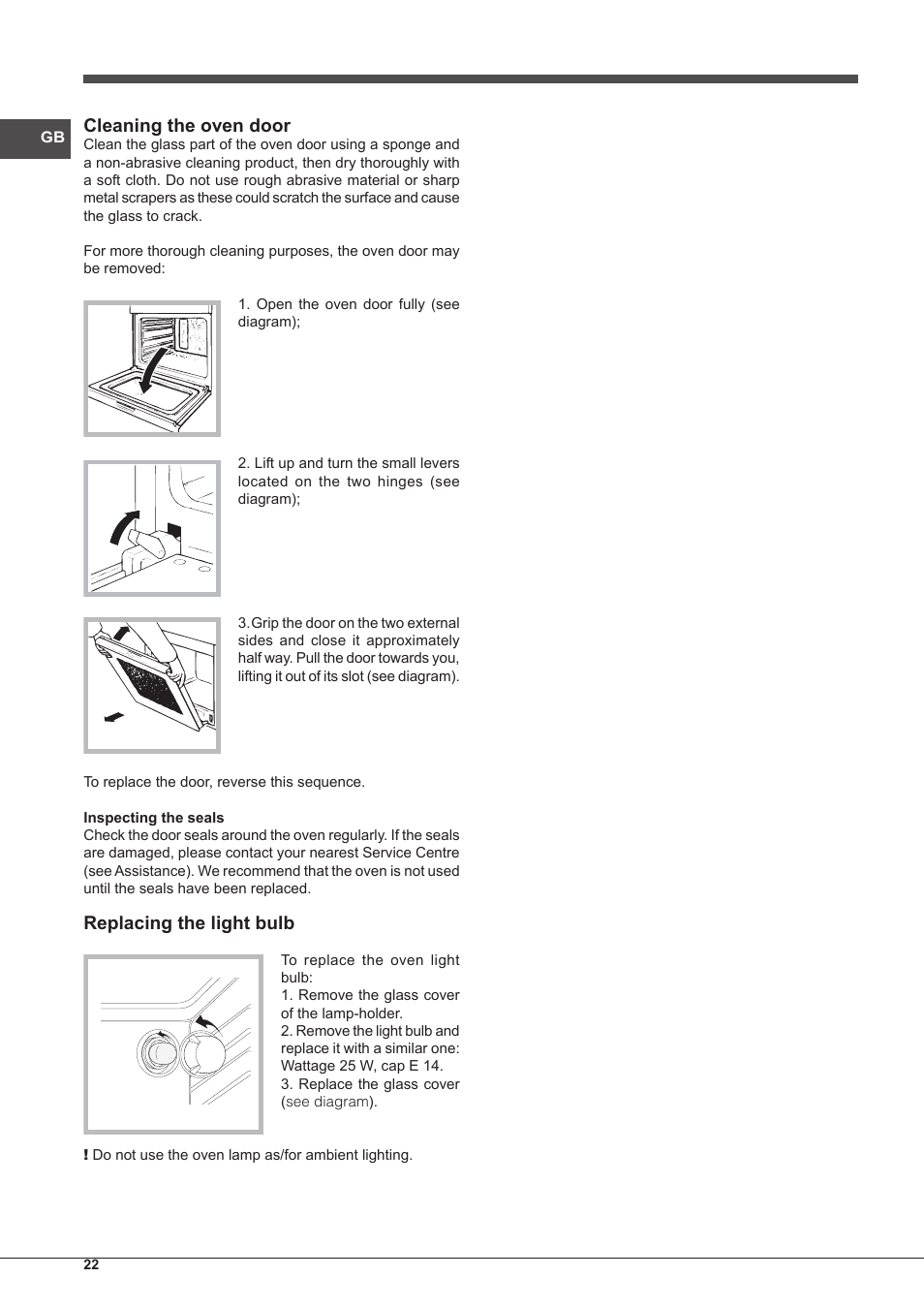 Cleaning the oven door, Replacing the light bulb | Indesit FMR-54-K.A-(AV) User Manual | Page 22 / 44