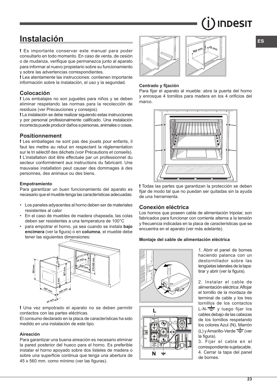 Instalación, Colocación, Positionnement | Conexión eléctrica | Indesit FMR-54-K.A-(AV) User Manual | Page 23 / 44
