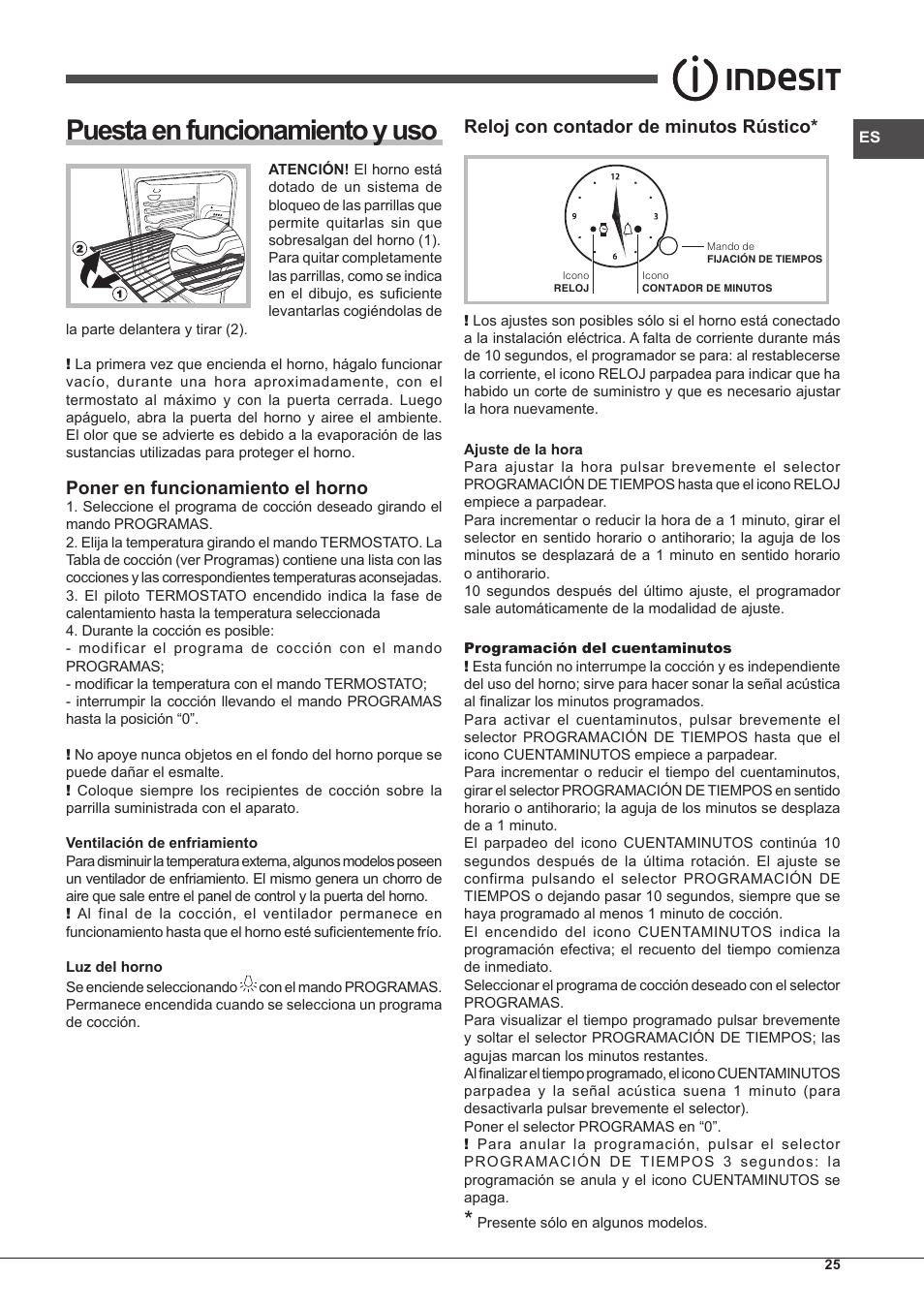 Puesta en funcionamiento y uso, Poner en funcionamiento el horno, Reloj con contador de minutos rústico | Indesit FMR-54-K.A-(AV) User Manual | Page 25 / 44
