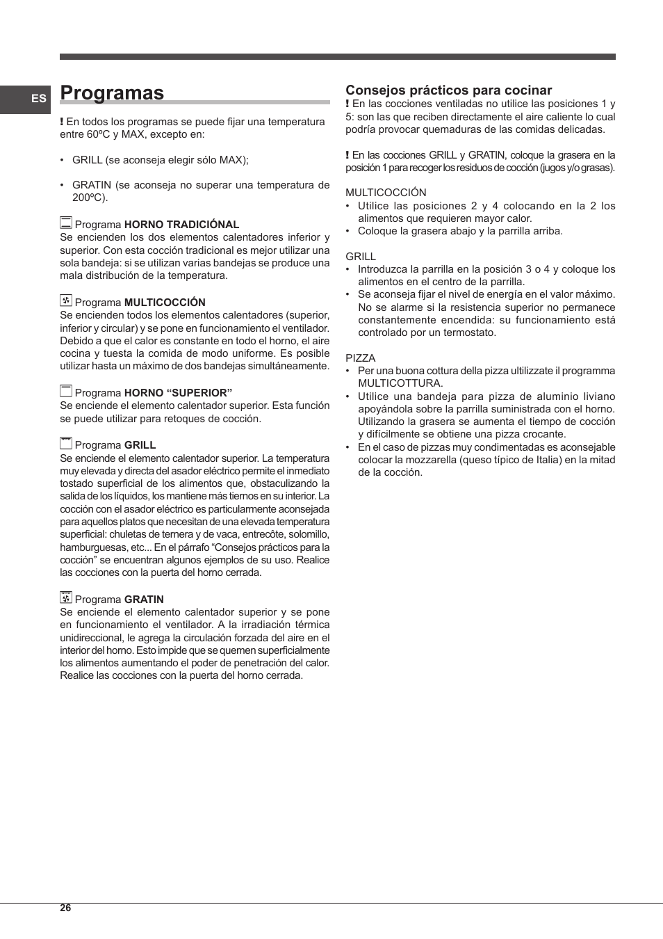 Programas, Consejos prácticos para cocinar | Indesit FMR-54-K.A-(AV) User Manual | Page 26 / 44