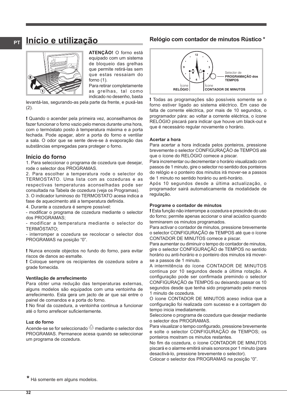 Início e utilização, Início do forno, Relógio com contador de minutos rústico | Indesit FMR-54-K.A-(AV) User Manual | Page 32 / 44