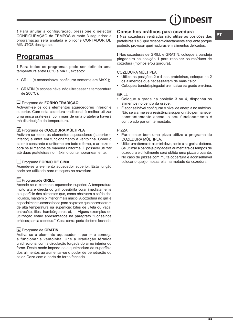 Programas, Conselhos práticos para cozedura | Indesit FMR-54-K.A-(AV) User Manual | Page 33 / 44